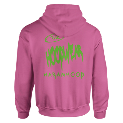 7HARAMHOOD White Graffiti 7H Hoodie – Mausgrau Rückansicht mit Graffiti-Design in Dunkelpink und grünem Schriftzug.